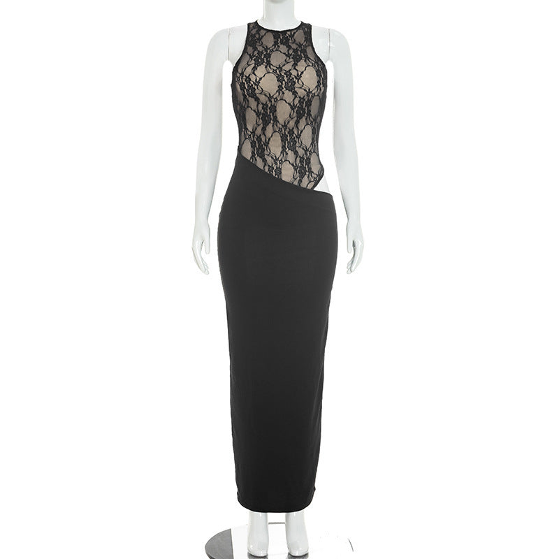 Women Clothing Autumn Solid Color Sexy Lace Stitching Sleeveless Waist Baring Slim Fit Maxi Dress