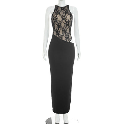 Women Clothing Autumn Solid Color Sexy Lace Stitching Sleeveless Waist Baring Slim Fit Maxi Dress