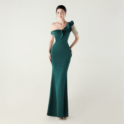 Ruffled One Shoulder Heavy Industry Beads String Slim Fit Satin Fishtail Evening Dress Wedding Red Carpet Cocktail Dress