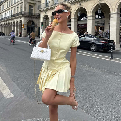 Women Summer Slim Slimming Elegant Lace Edge Short Sleeve Pleated Dress