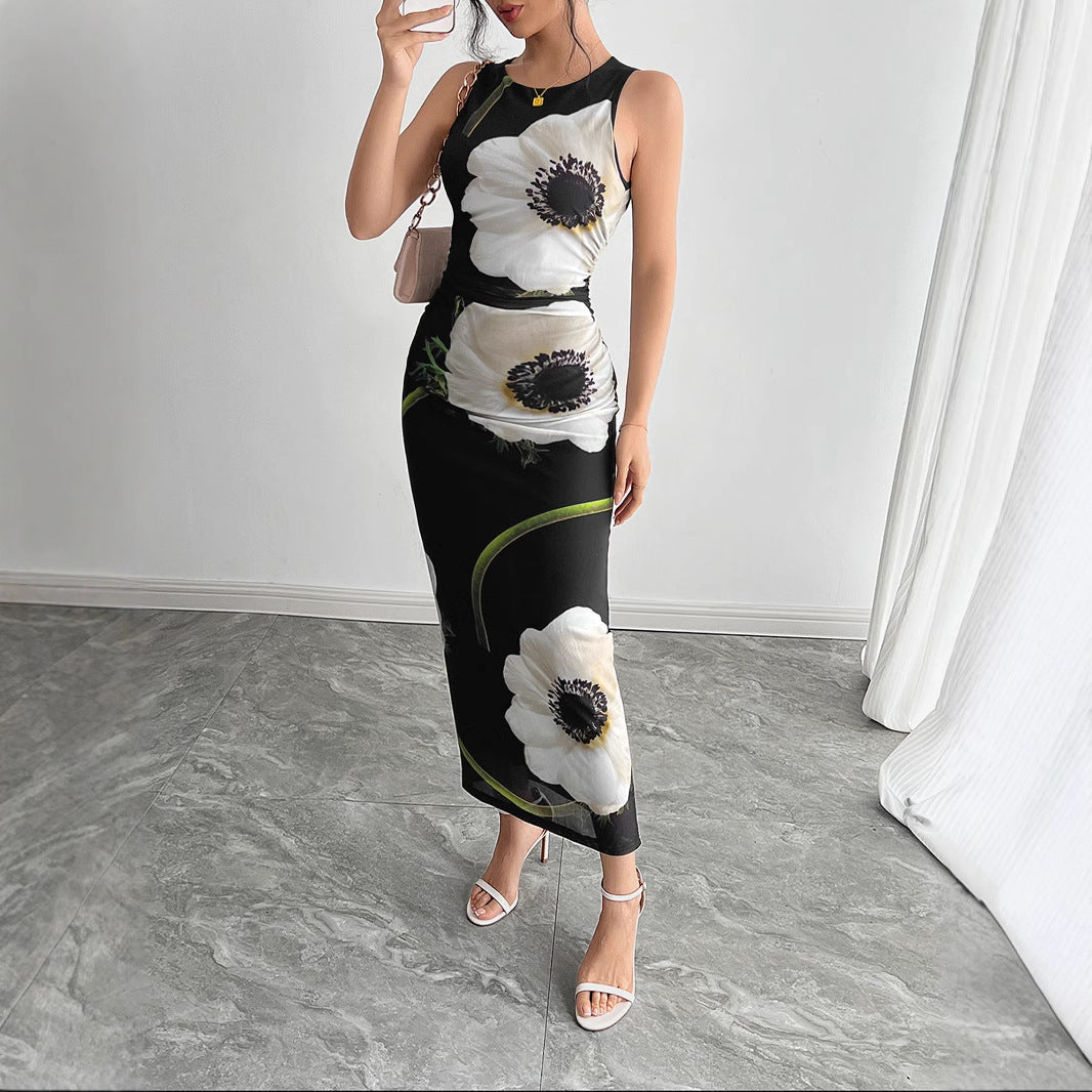 Spring Summer Women Black Mesh Floral Print Sleeveless Maxi Dress