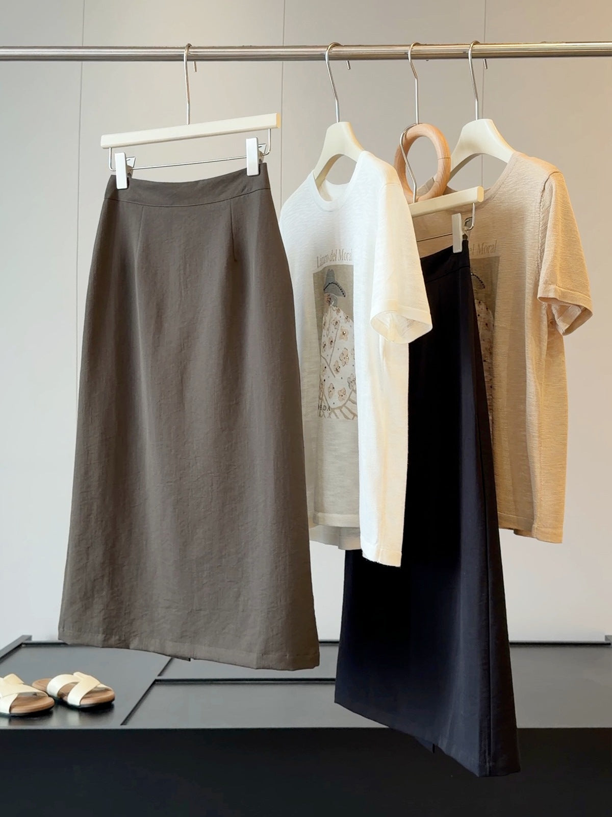 Simple Graceful Skirt Women Summer Slimming High Waist A line Split Sheath Mid Length Skirt