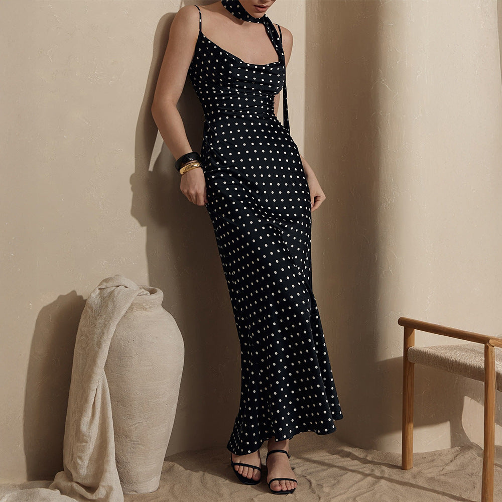 Strap Maxi Dress Summer Halter Strap Fishtail Polka Dot Maxi Dress