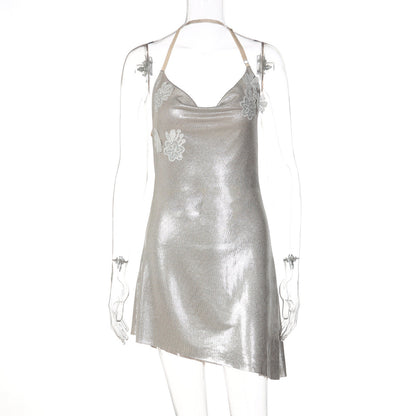 Spring Women Clothing Halter Swing Collar Sexy Backless Bronzing Slim Dress