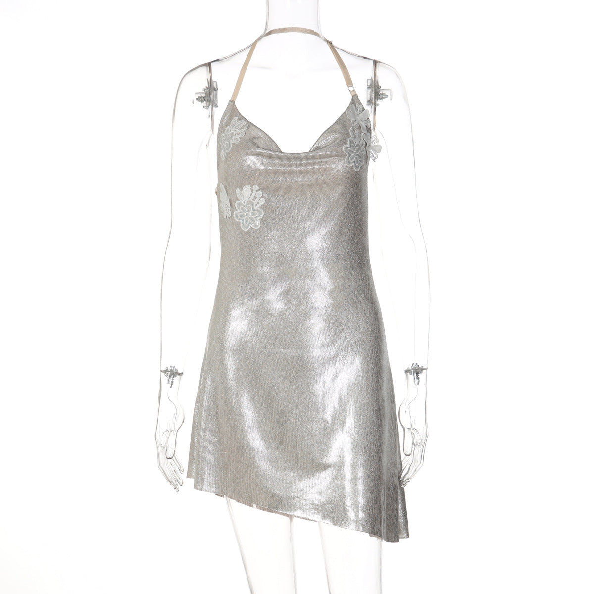 Spring Women Clothing Halter Swing Collar Sexy Backless Bronzing Slim Dress