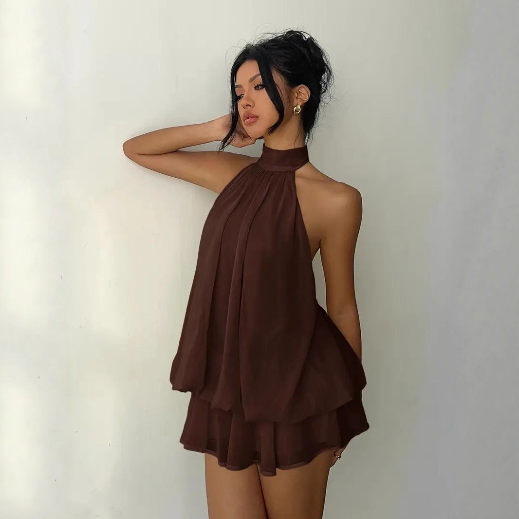 Vacation Figure Flattering Fashionable Sexy Backless Halter Lace Up Waist Trimming Solid Color Dress