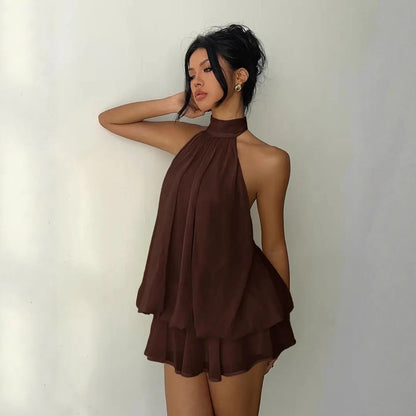 Vacation Figure Flattering Fashionable Sexy Backless Halter Lace Up Waist Trimming Solid Color Dress