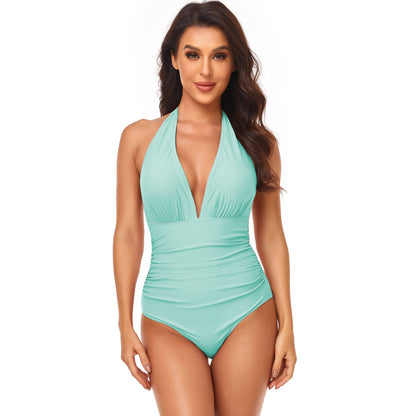 Solid Color One Piece Swimsuit Pleating Halter Swimsuit Popular One Piece Swimsuit