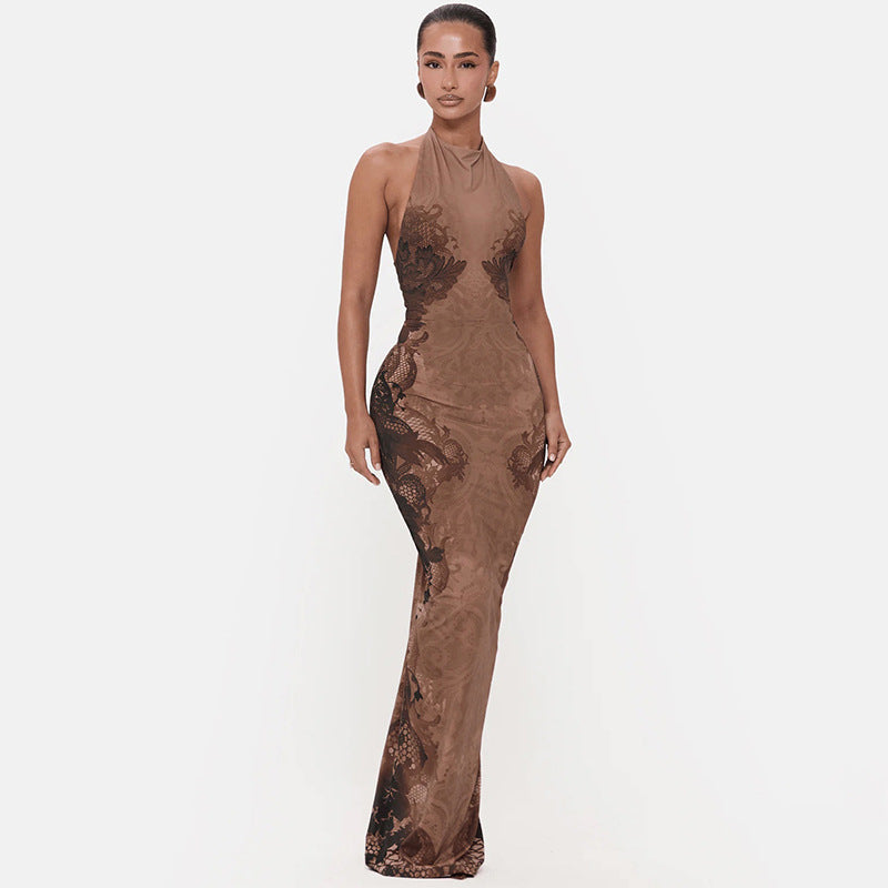 Spring Women Clothing Fashionable Elegant Slim Sexy Halter Backless Print Dress