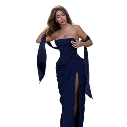 Spring Women Clothing Graceful Fashionable Slim Fit Scarf Tube Top Sexy Slit Formal Dress