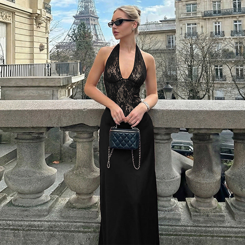 Women Clothing Winter Hollowed out Backless Lace Patchwork Waist Slimming Deep V Plunge Sexy Halter Dress
