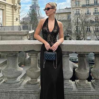 Women Clothing Winter Hollowed out Backless Lace Patchwork Waist Slimming Deep V Plunge Sexy Halter Dress