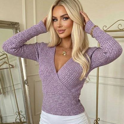 Sexy Gentle Purple Sunken Stripe Cross Collar Long Sleeve T shirt Autumn Winter Idle Waist Controlled Top
