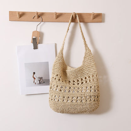 Large Capacity Hollow Out Cutout Shoulder Straw Bag Tote Straw Bag Woven Bag Seaside Vacation Beach Bag Women Bag
