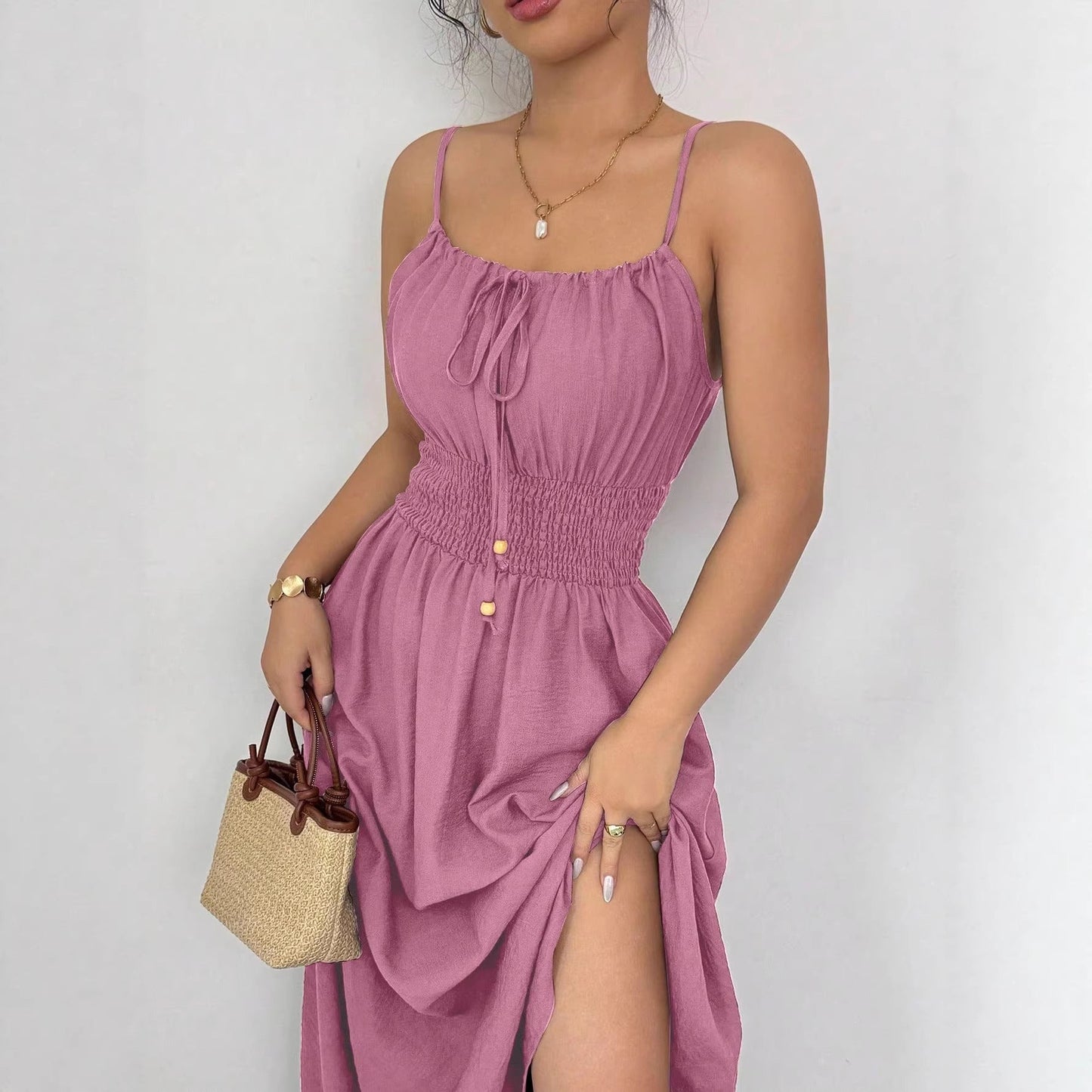 Design Tube Top Sleeveless Pleated Waist Solid Color Suspender Women Dress