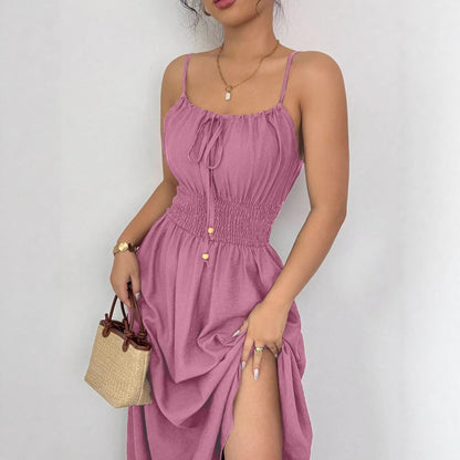 Design Tube Top Sleeveless Pleated Waist Solid Color Suspender Women Dress