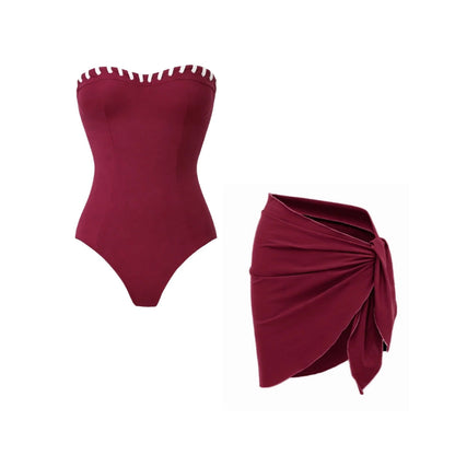 Swimsuit Wine Red Niche Design Tube Top One Piece Swimsuit Women Wrap Skirt