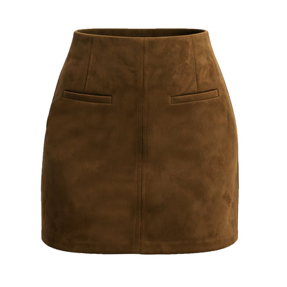 Autumn Winter Women Suede Pocket Skirt High Waist Zipper Solid Color Mini Skirt