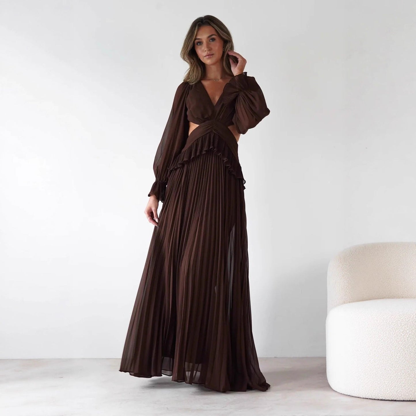 Women Long Sleeve Pleated Waist Tight Backless Dress