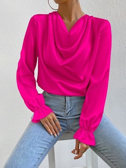 Women Clothing Ruffled Sleeve Satin Shirt Autumn Arrival Long Sleeve Satin Shirt