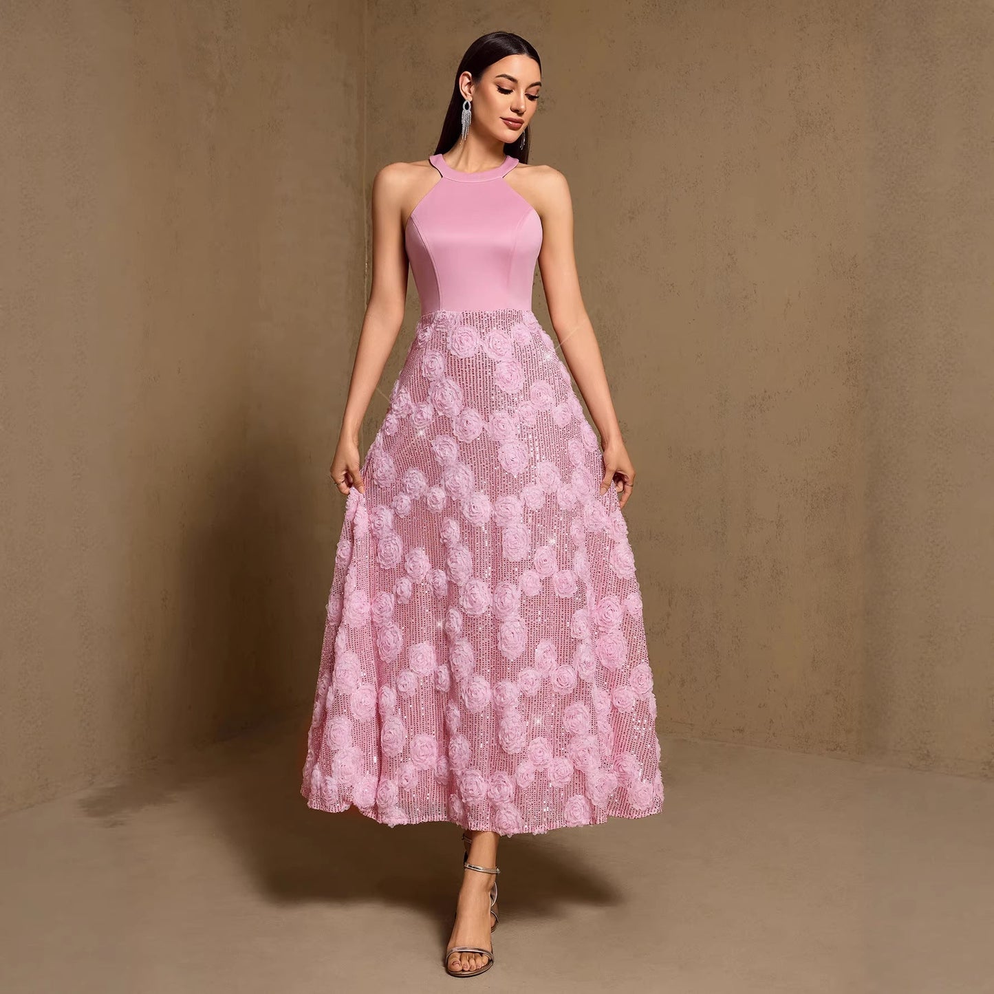 Spring Summer Halter Print Stitching Large Hem Fully Lined Evening Dress Party Dress