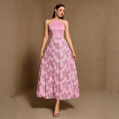 Spring Summer Halter Print Stitching Large Hem Fully Lined Evening Dress Party Dress