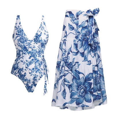 Bikini Blue Color Floral Vacation Split Swimsuit Women