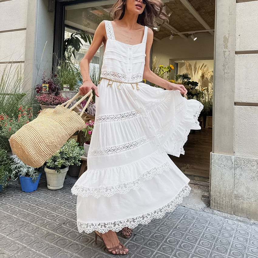 Bohemian White Long Lace Stitching Tiered Dress Women Summer Lazy Casual Suspenders Dress Without a belt