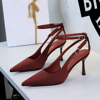 Sexy Leopard Print Stiletto Heels Women Pointed Toe Satin Hollow Out Cutout out Strap Classy Shoes