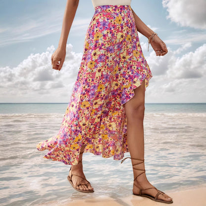 Summer Lace up Split Irregular Asymmetric Ruffled Small Floral Skirt Women