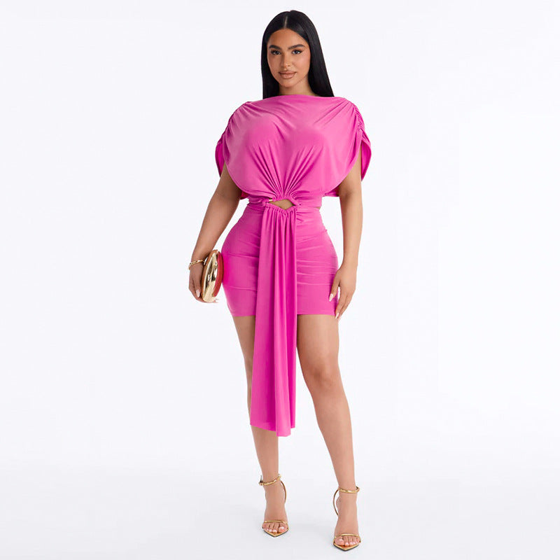 Women Clothing Summer Solid Color Casual Slim Pleated Short Sleeves Hollow Out Cutout Ribbon Short Dress