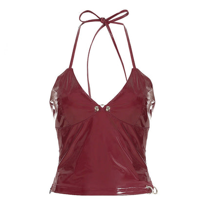 Wine Red Retro Sexy Faux Leather Camisole Top Personality Street Backless Halter Lace up Zip Vest