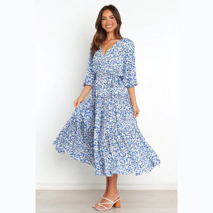 Spring Summer Floral Fresh Sweet Mid-Sleeve V neck Dress