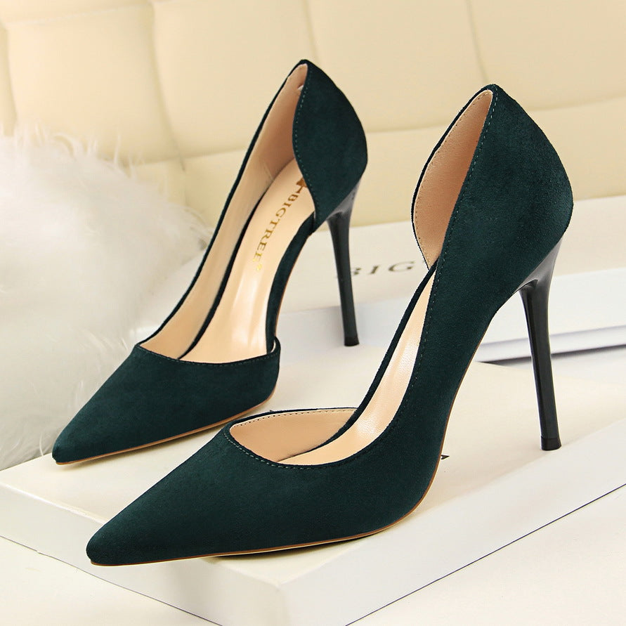 Simple Stiletto Heel Suede Shallow Mouth Pointed Toe Sexy Nightclubs Thinner Side Hollow Out Cutout Pumps