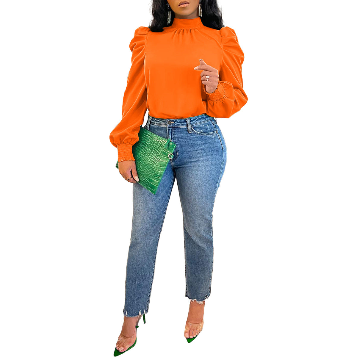 Women Clothing Four Seasons Solid Color Long Stand up Collar Puff Sleeve Back Lace up Top