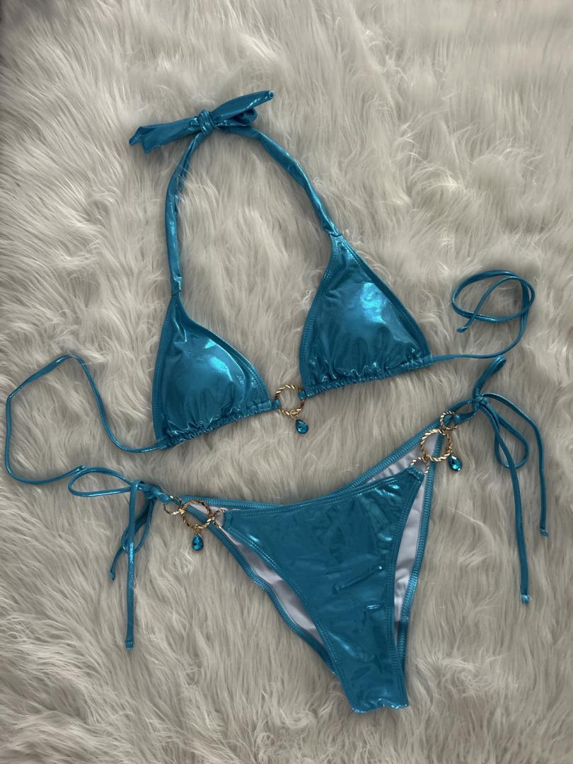 Bikini Swimsuit Split Bright Crystal Solid Color Sexy Beach Vacation Tied Swimsuit