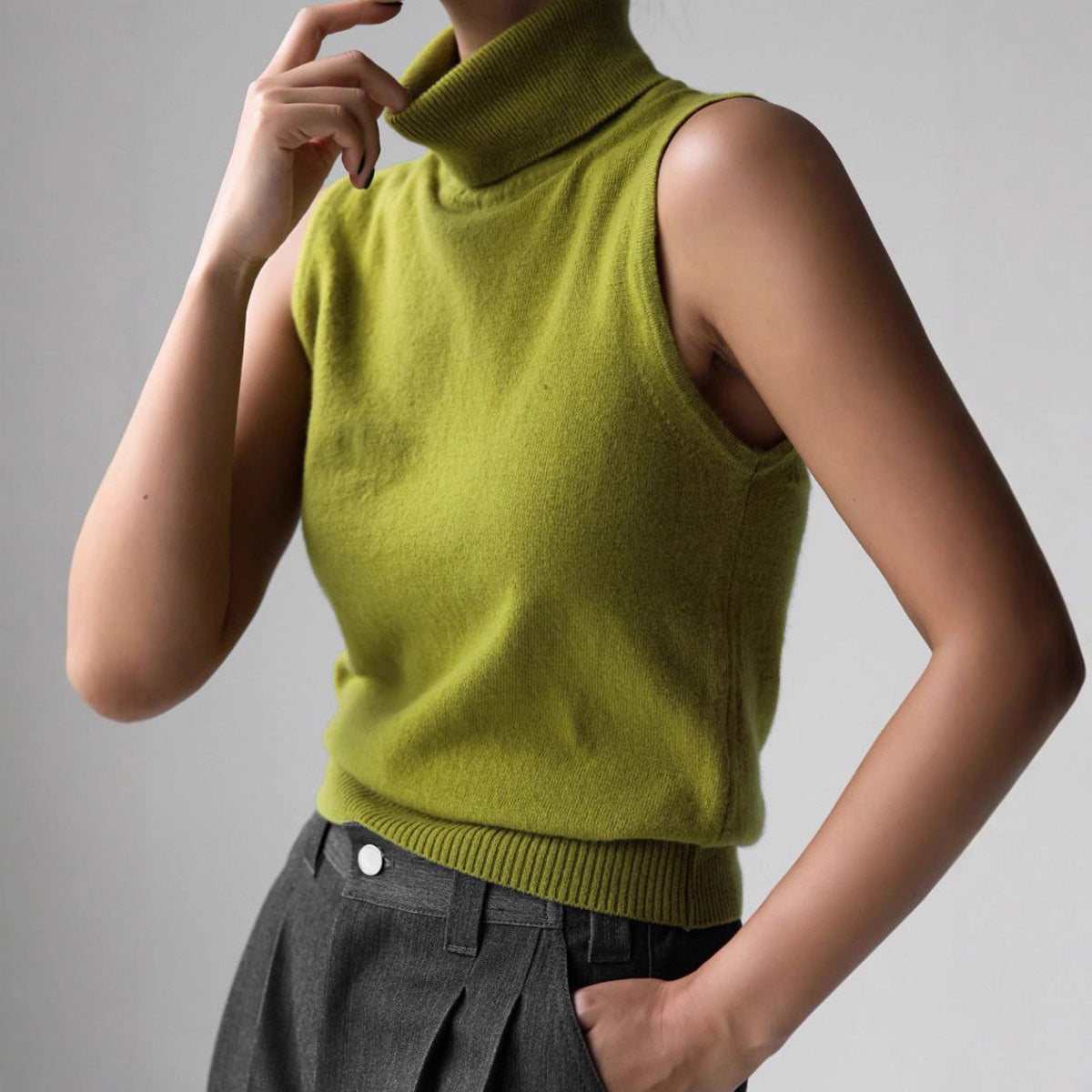 Knitted Sleeveless Vest Autumn High Neck Vest Sweater Minimalist Vest Top Women