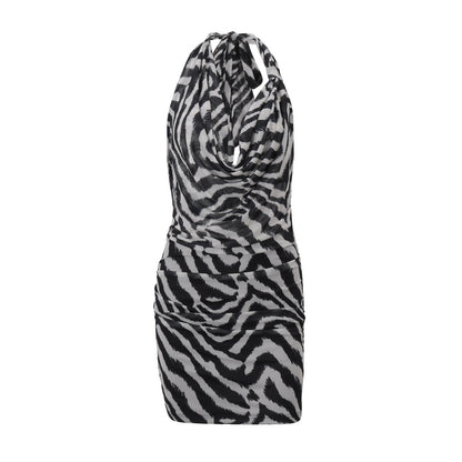 Women Clothing Autumn Sexy Halter Swing Collar Personality Zebra Pattern Sexy Hip Bag Dress Women