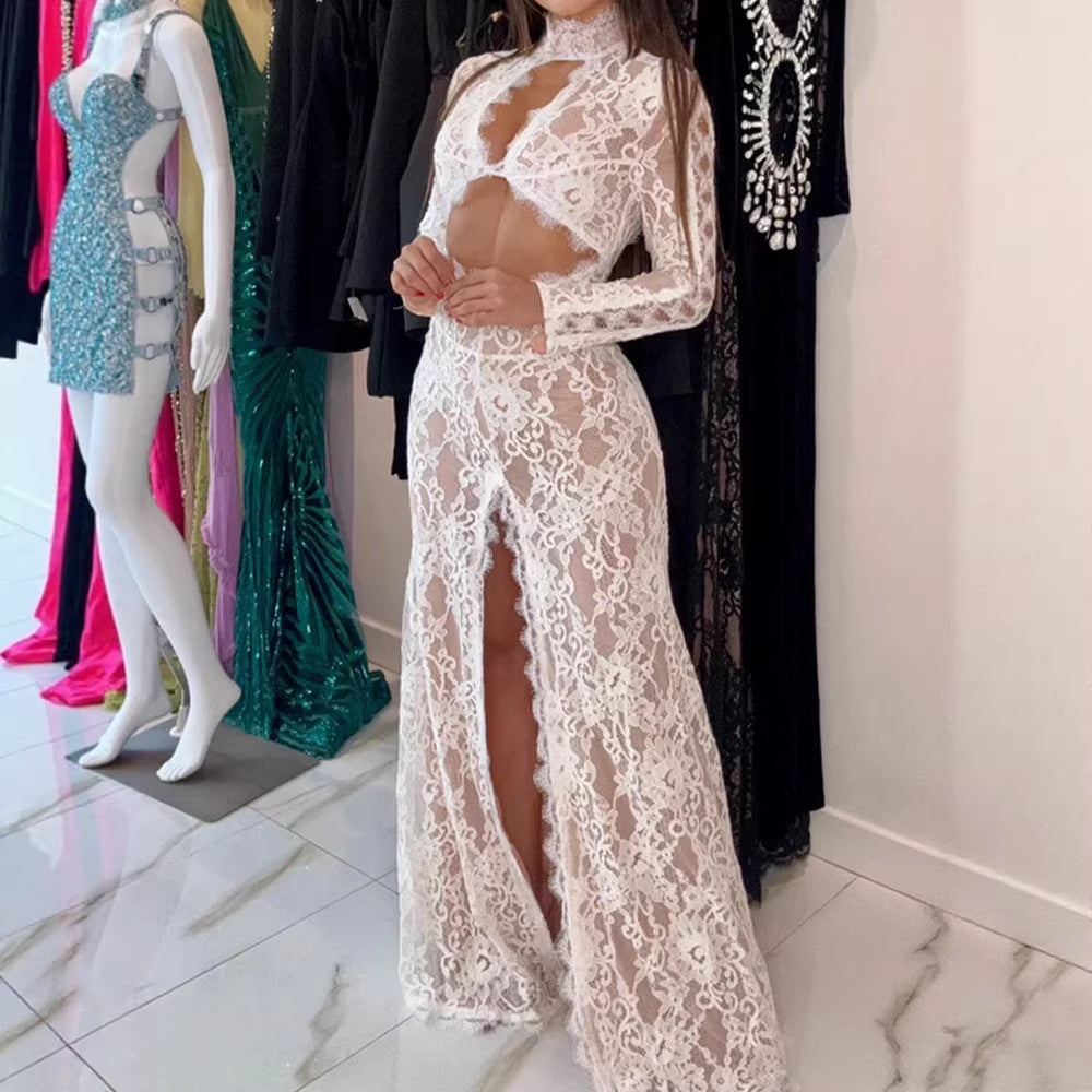 Women Clothing Sexy Cutout Design Turtleneck High Slit Red Carpet Lace Dress Women