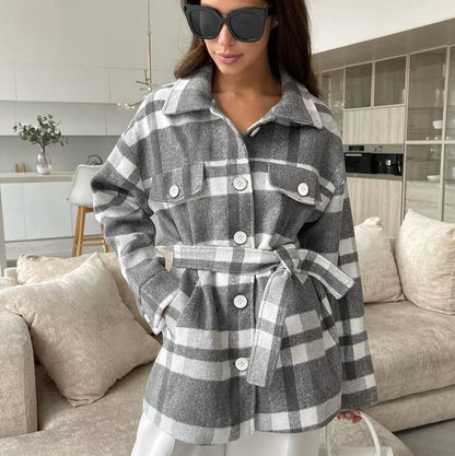 Autumn Winter Plaid Loose Fitting Collared Lace up Woolen Coat Women Overcoat
