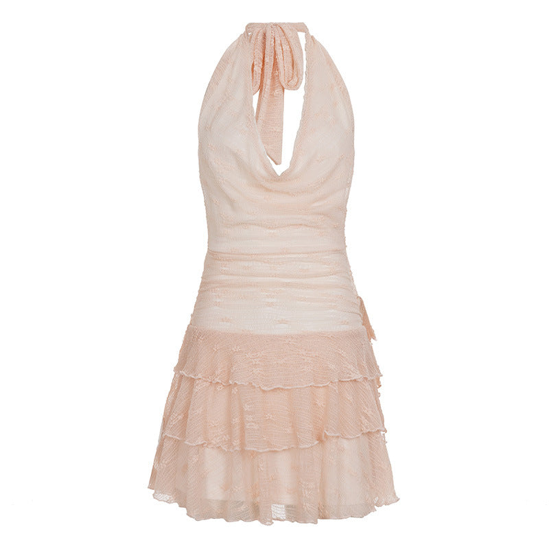 Sexy Swing Collar Lace Stitched Backless Dress Women Solid Color Halter Cake Dress
