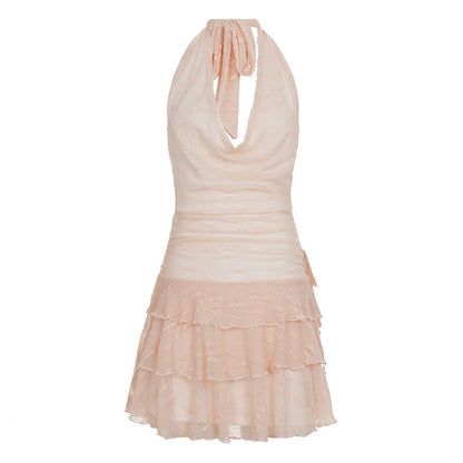 Sexy Swing Collar Lace Stitched Backless Dress Women Solid Color Halter Cake Dress