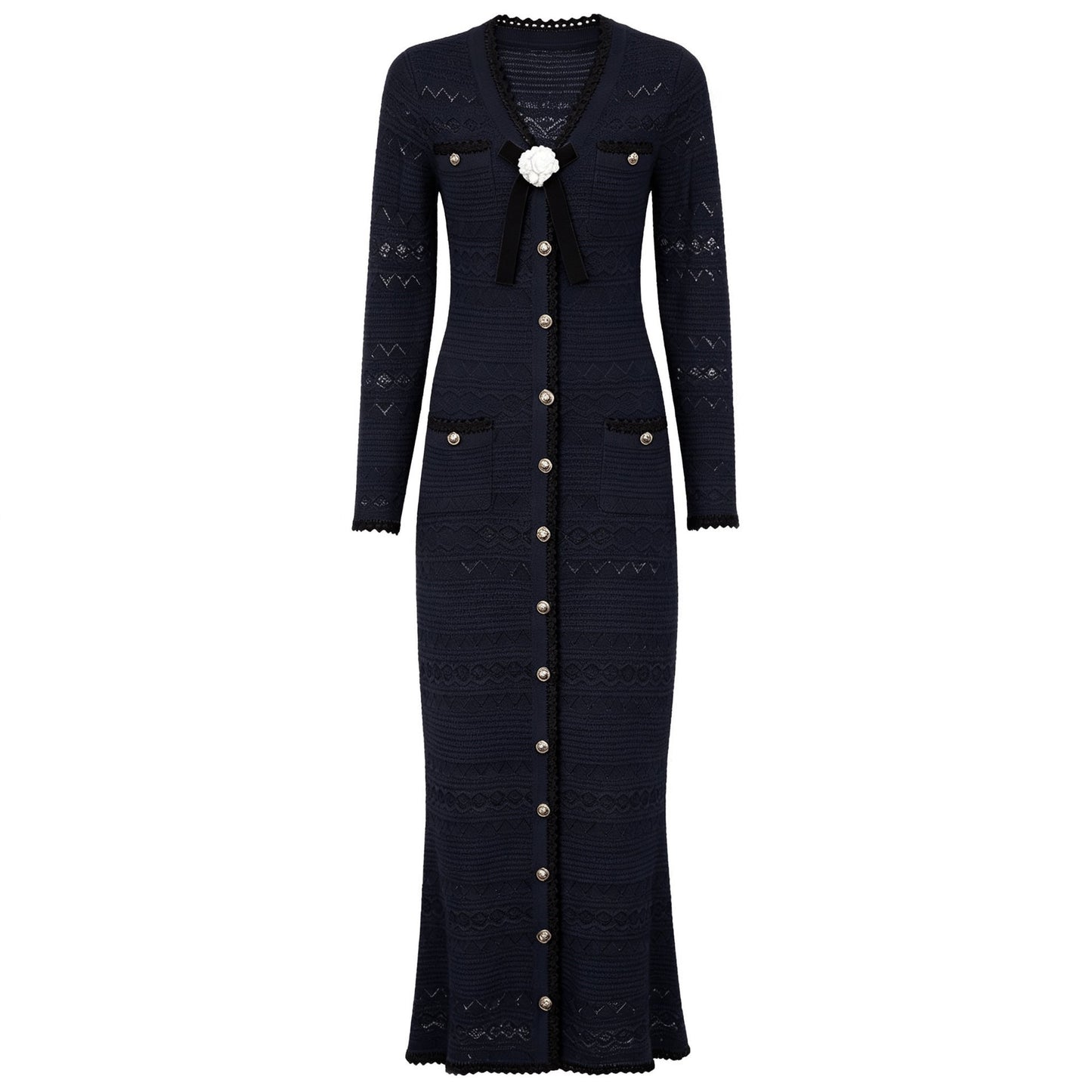 Spring Autumn Fashionable Knitted V neck Floral Slim Fit Slimming Long Sleeves Dress Women