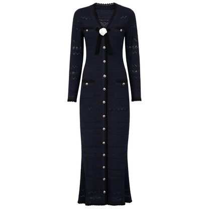Spring Autumn Fashionable Knitted V neck Floral Slim Fit Slimming Long Sleeves Dress Women