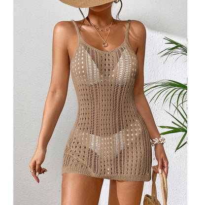 Women Clothing Short Knitted Texture Hollow Out Cutout Out See Through Camisole Sexy Short Dress Knitted Beach Dress Crochet hook