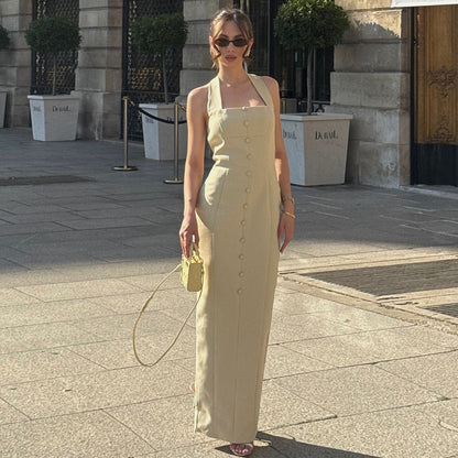 Vacation Light Yellow Halter Dress Women Summer Single Breasted Slim Fit Side Slit French Light Luxury Dress