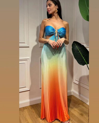 Personalized Summer Gradient Color Halter Pleated Long Women Dress