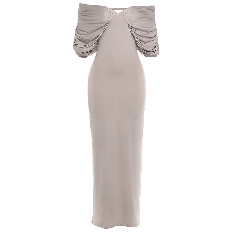Spring Women Clothing Sexy off Neck Sleeve Slim Solid Color Maxi Dress Women