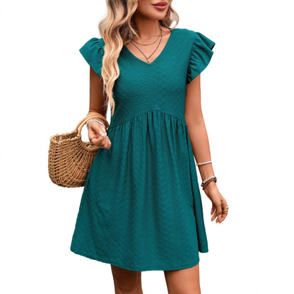 Summer Women Clothing V neck Ruffle Slimming Short Sleeve Large Swing Elegant Dress