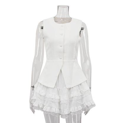 Casual Skirt Outfit Women High Grade Sleeveless Vest Waistcoat Top High Waist Bubble Skirt Two Piece Sets